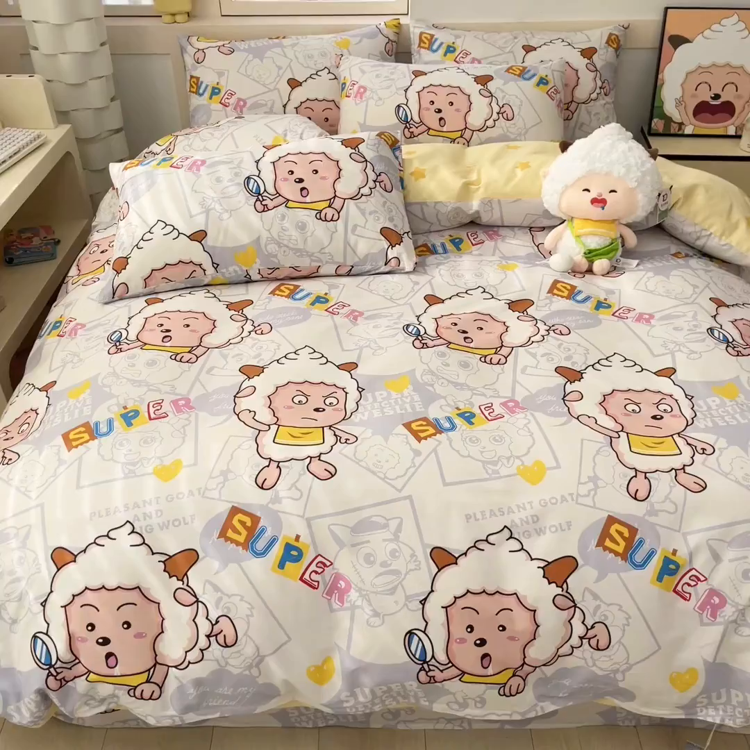 91家纺网 家纺一手货源 找家纺 金鑫汇家纺 2025新款喜羊羊与灰太狼全棉四件套 探索懒羊羊