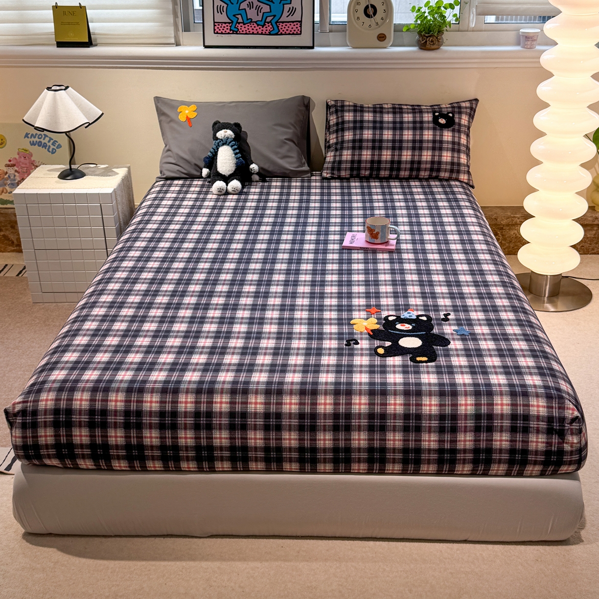 珺柔家纺 2025新款磨毛毛巾绣床笠 风车小熊