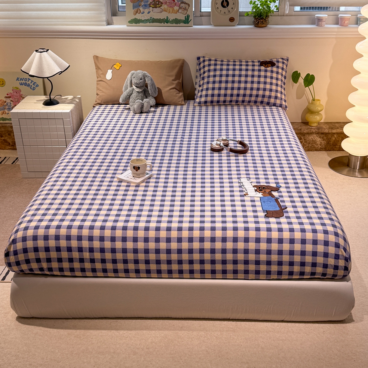 珺柔家纺 2025新款磨毛毛巾绣床笠 咖啡店小狗