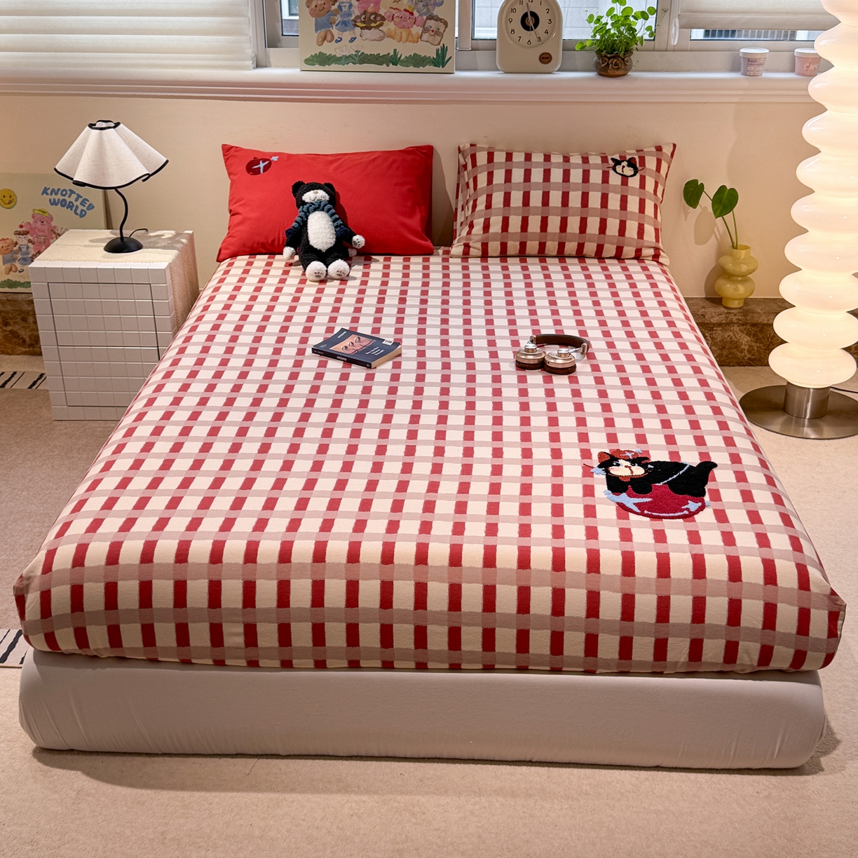 珺柔家纺 2025新款磨毛毛巾绣床笠 萌神小喵