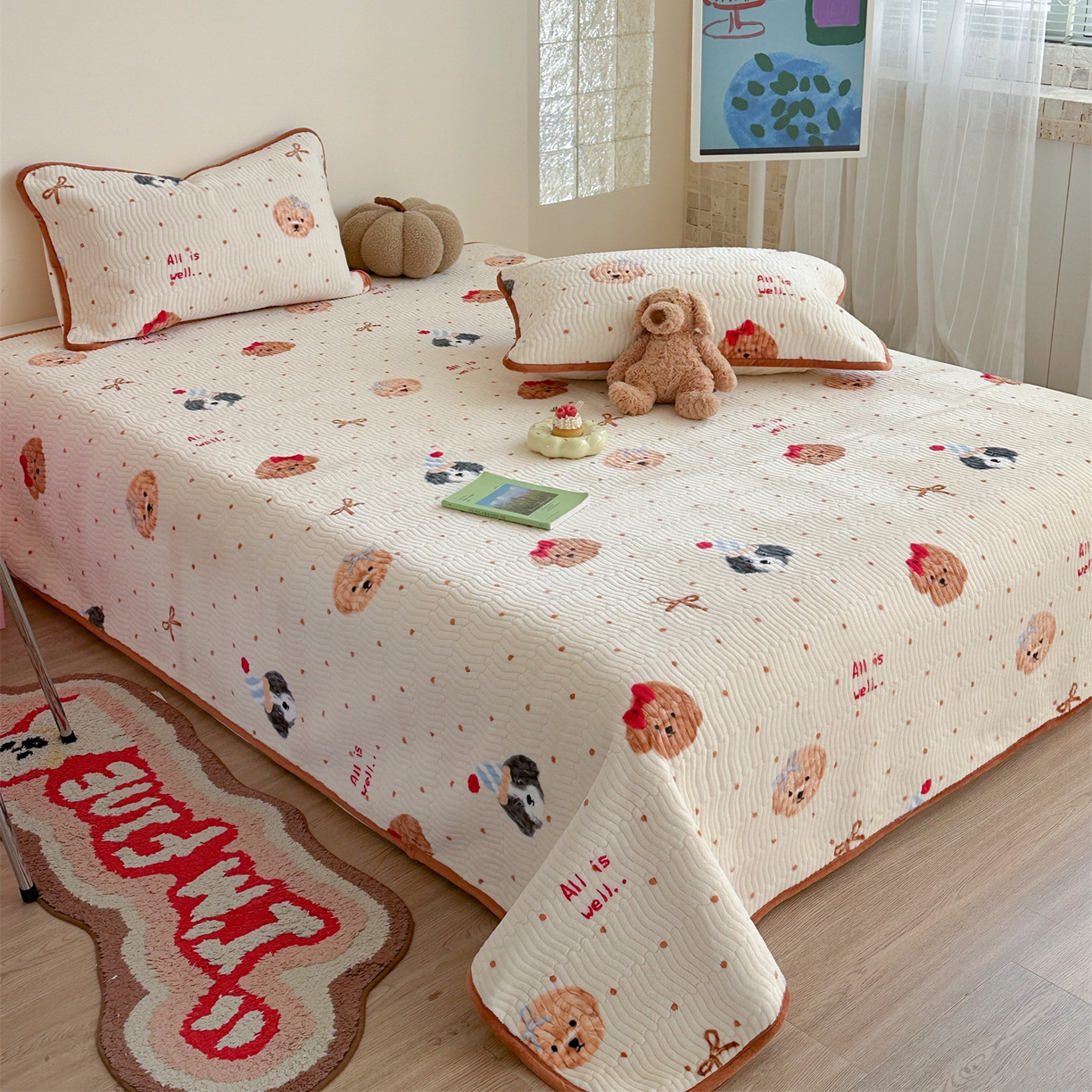 91家纺网 家纺一手货源 找家纺 暖生活 2025新款高克重牛奶绒床盖三件套 点点狗