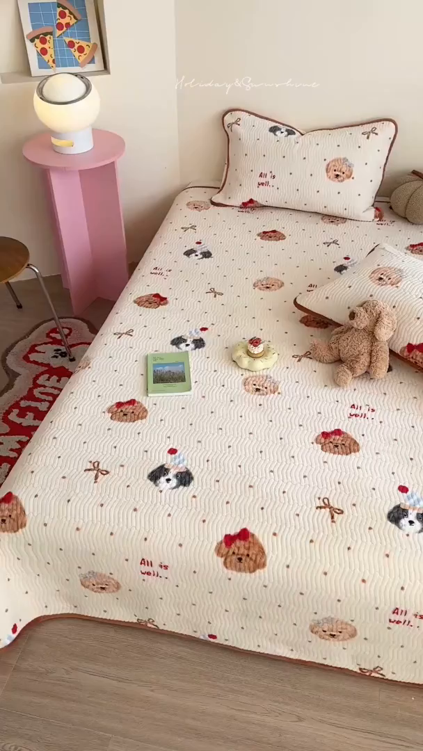 91家纺网 家纺一手货源 找家纺 暖生活 2025新款高克重牛奶绒床盖三件套 点点狗