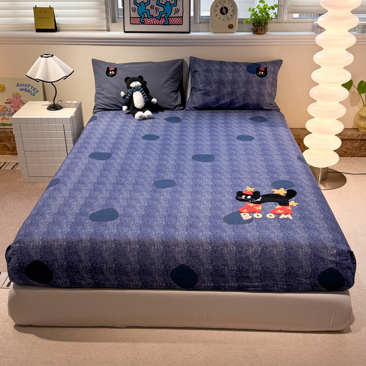 珺柔家纺 2025新款磨毛毛巾绣床笠 牛仔猫