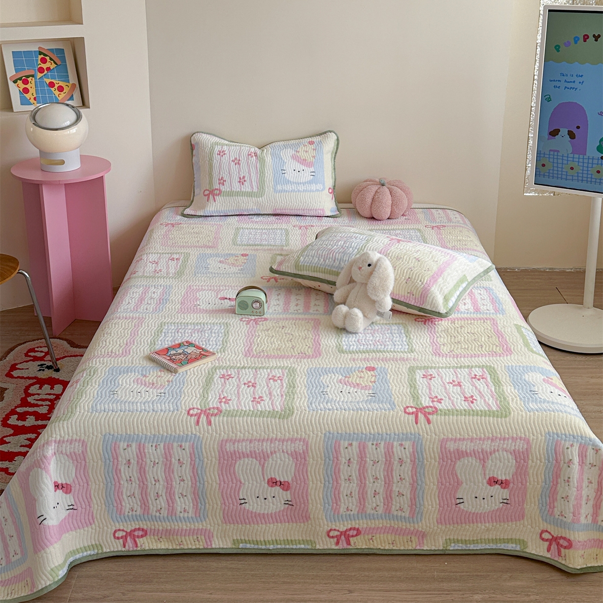 暖生活 2025新款高克重牛奶绒床盖三件套 粉兔拼图