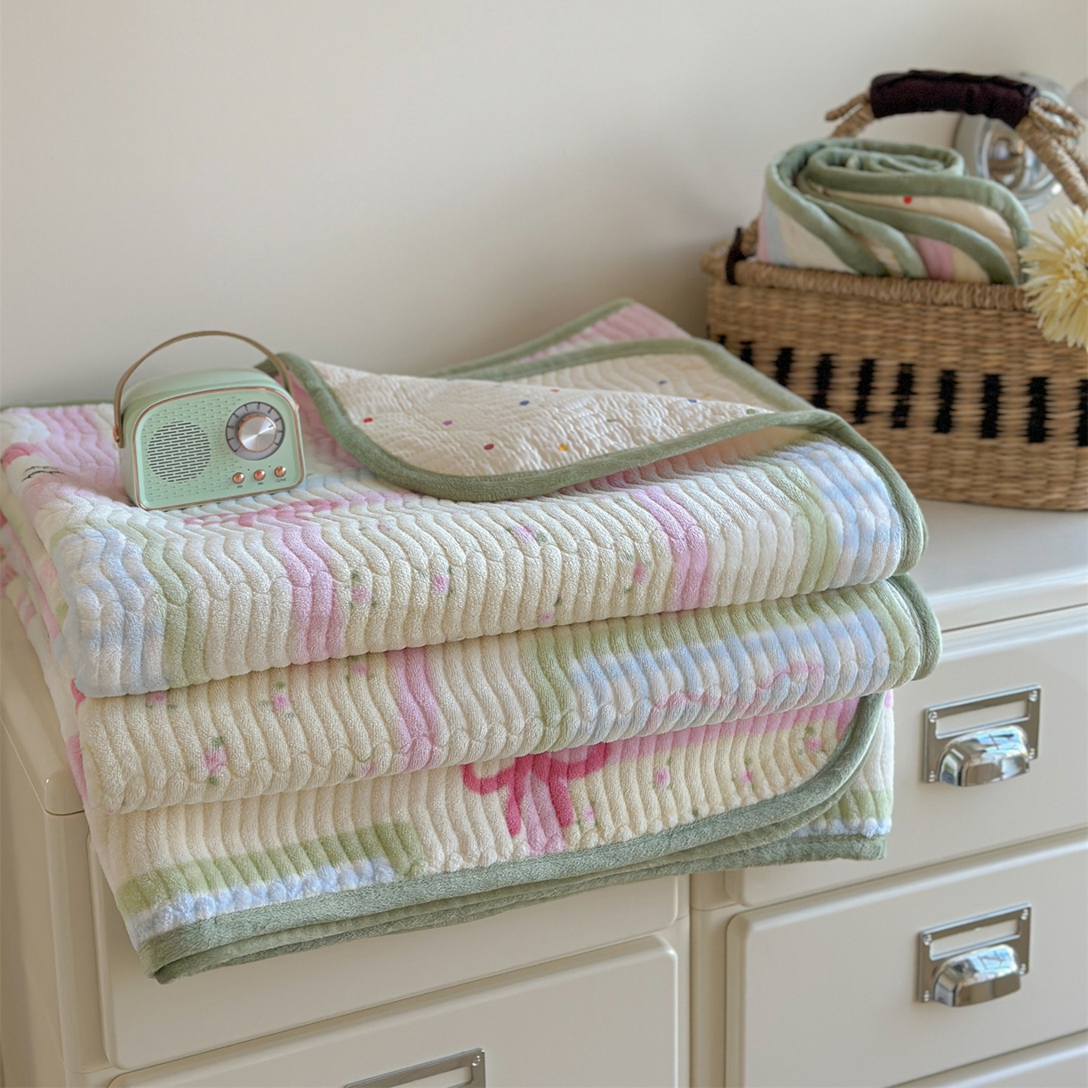 91家纺网 家纺一手货源 找家纺 暖生活 2025新款高克重牛奶绒床盖三件套 粉兔拼图