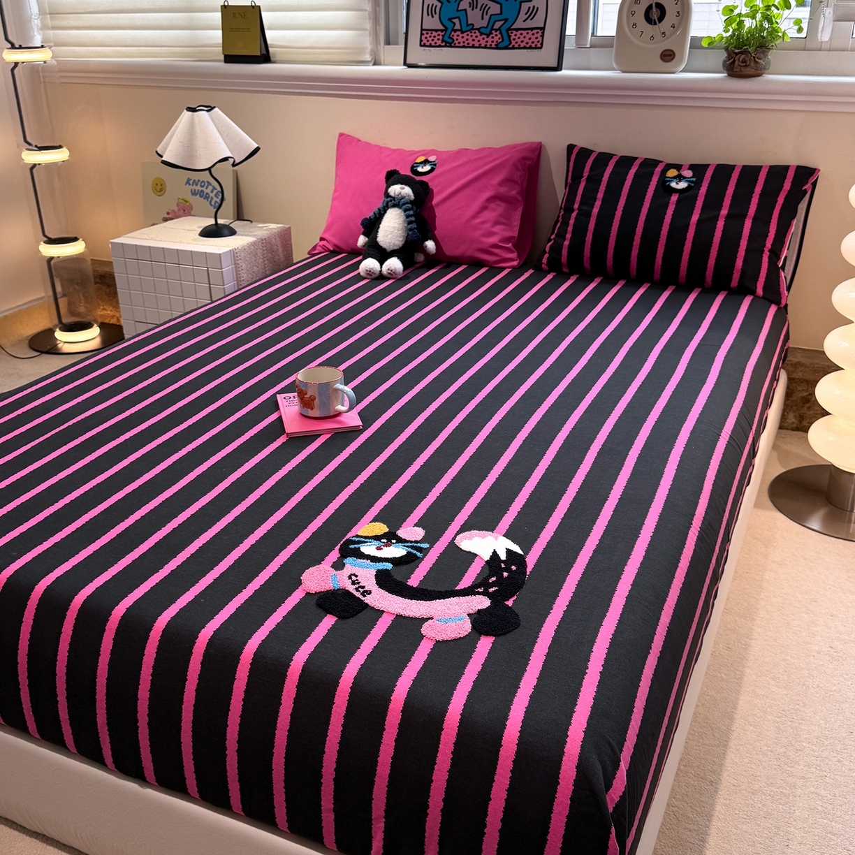 91家纺网 家纺一手货源 找家纺 珺柔家纺 2025新款磨毛毛巾绣床笠 小神猫