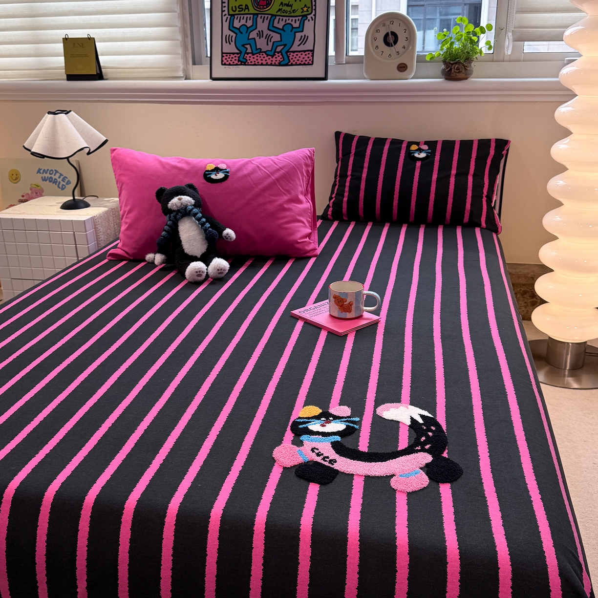 91家纺网 家纺一手货源 找家纺 珺柔家纺 2025新款磨毛毛巾绣床笠 小神猫