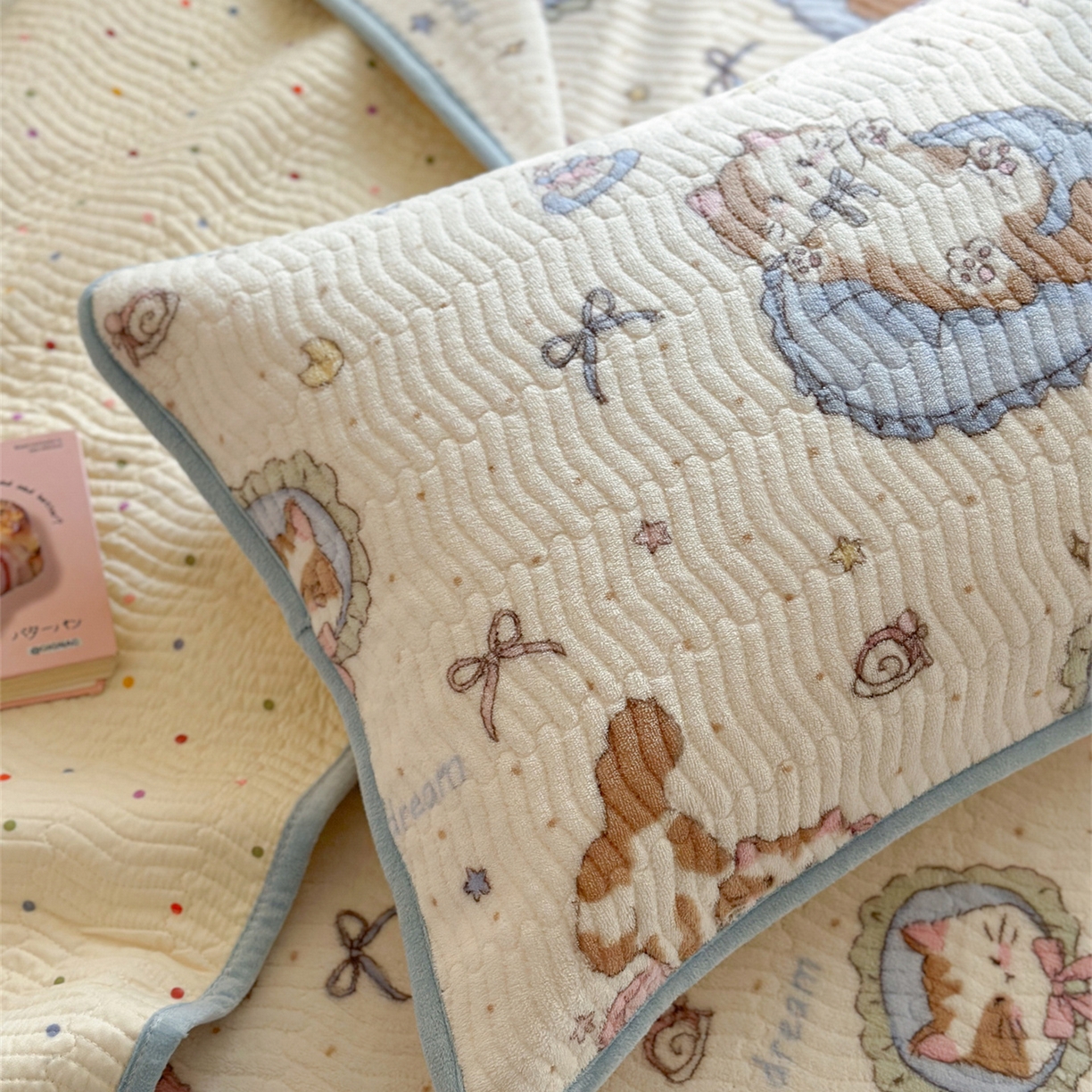 91家纺网 家纺一手货源 找家纺 暖生活 2025新款高克重牛奶绒床盖三件套 酣睡小喵