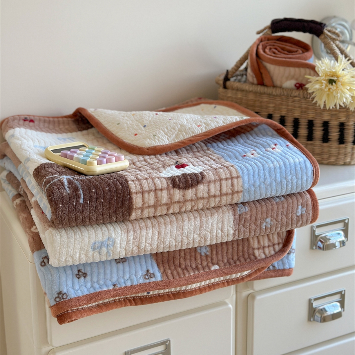 91家纺网 家纺一手货源 找家纺 暖生活 2025新款高克重牛奶绒床盖三件套 蝴蝶结拼图