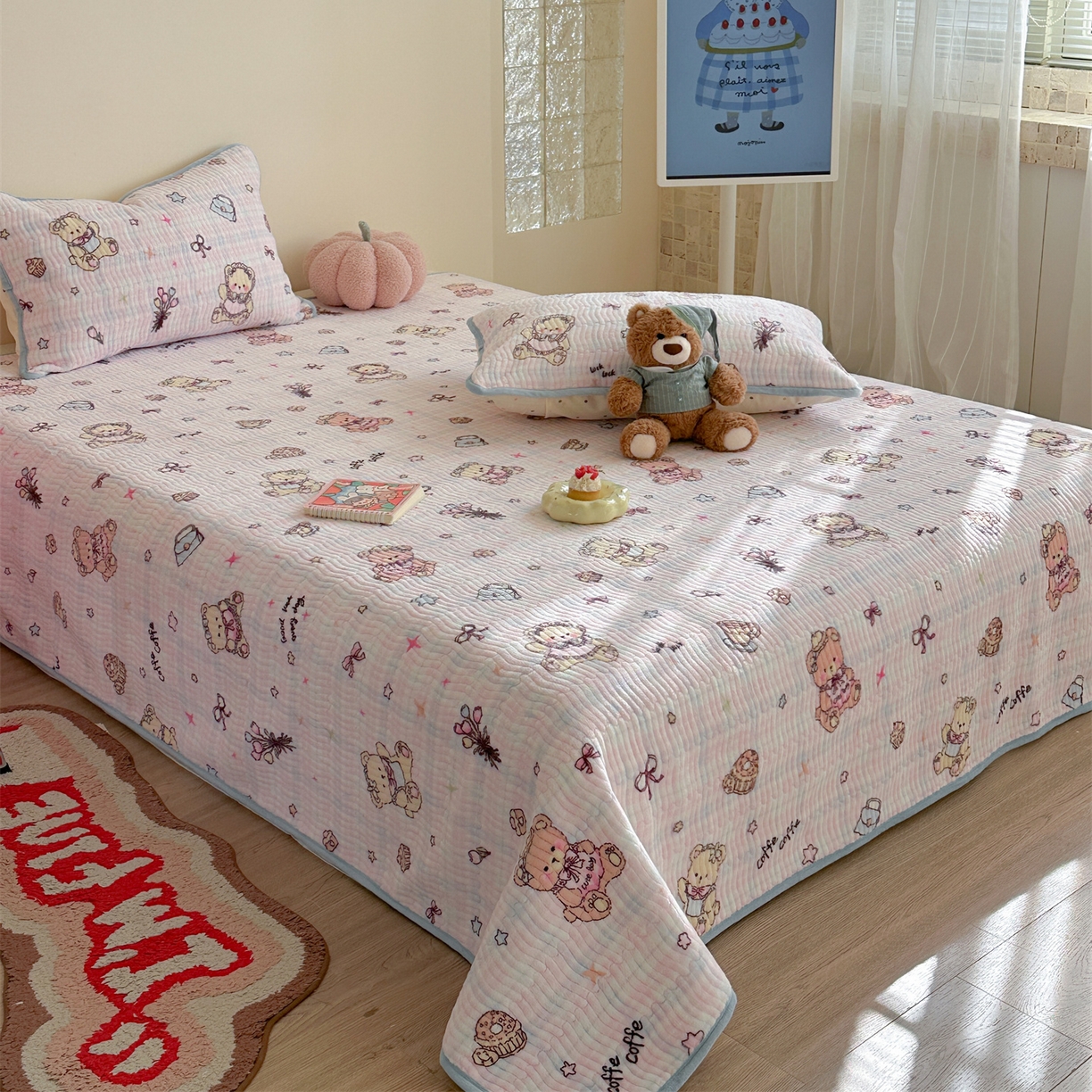 91家纺网 家纺一手货源 找家纺 暖生活 2025新款高克重牛奶绒床盖三件套 萝莉小熊