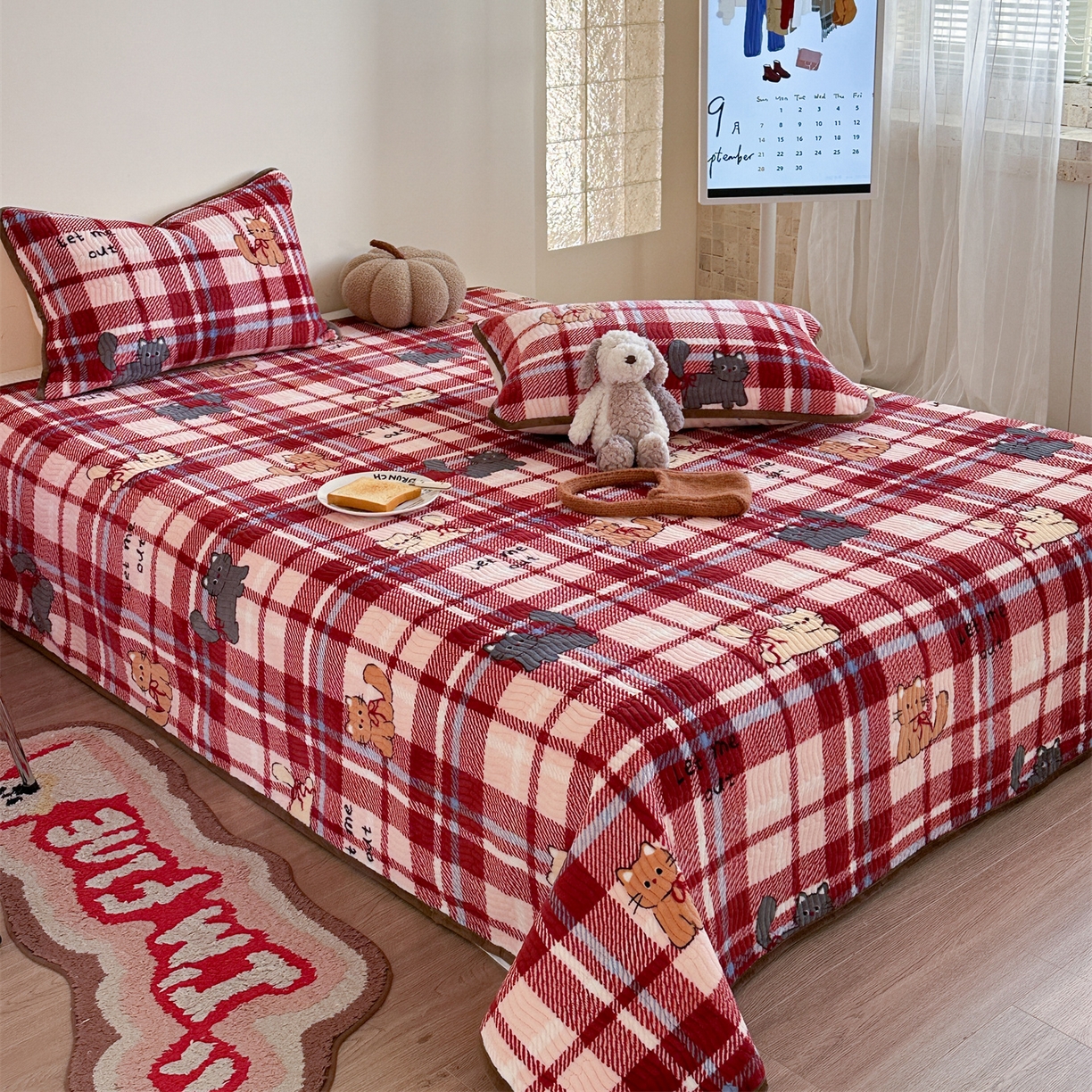 91家纺网 家纺一手货源 找家纺 暖生活 2025新款高克重牛奶绒床盖三件套 圣诞小咪