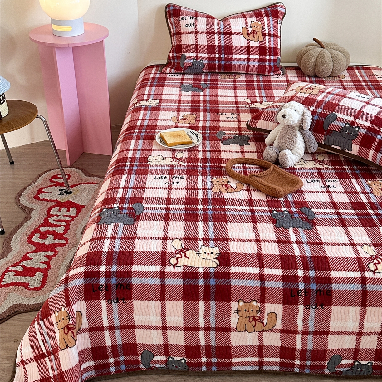 91家纺网 家纺一手货源 找家纺 暖生活 2025新款高克重牛奶绒床盖三件套 圣诞小咪