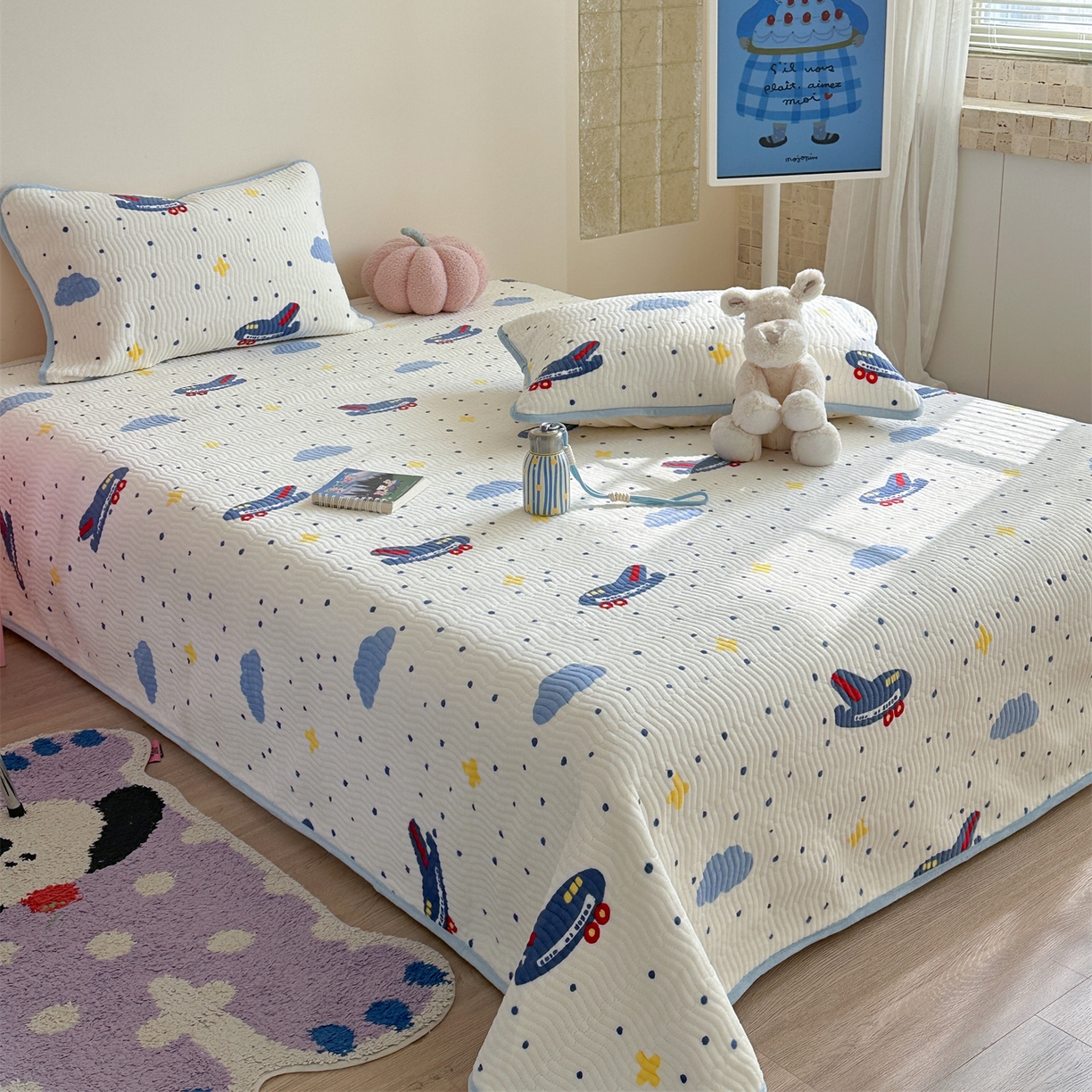 91家纺网 家纺一手货源 找家纺 暖生活 2025新款高克重牛奶绒床盖三件套 小飞机