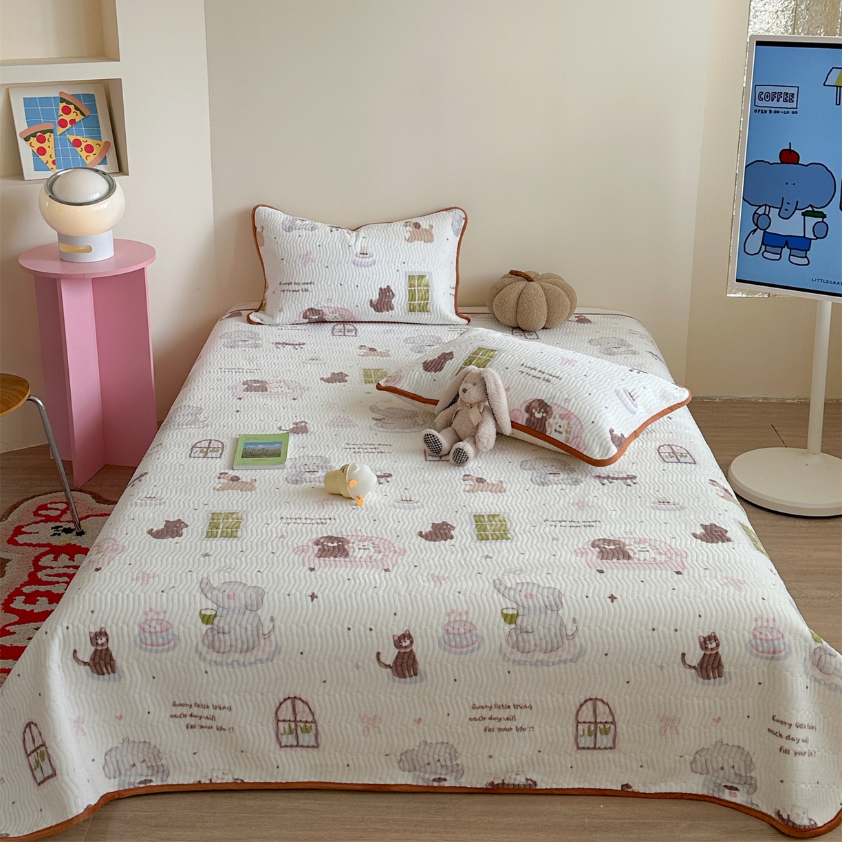 暖生活 2025新款高克重牛奶绒床盖三件套 小象喝茶