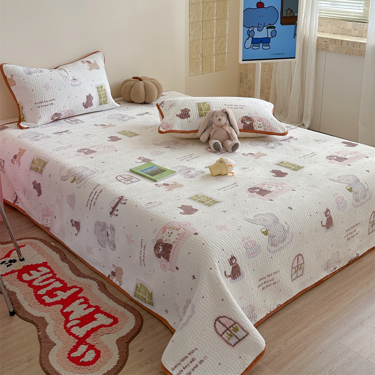 91家纺网 家纺一手货源 找家纺 暖生活 2025新款高克重牛奶绒床盖三件套 小象喝茶