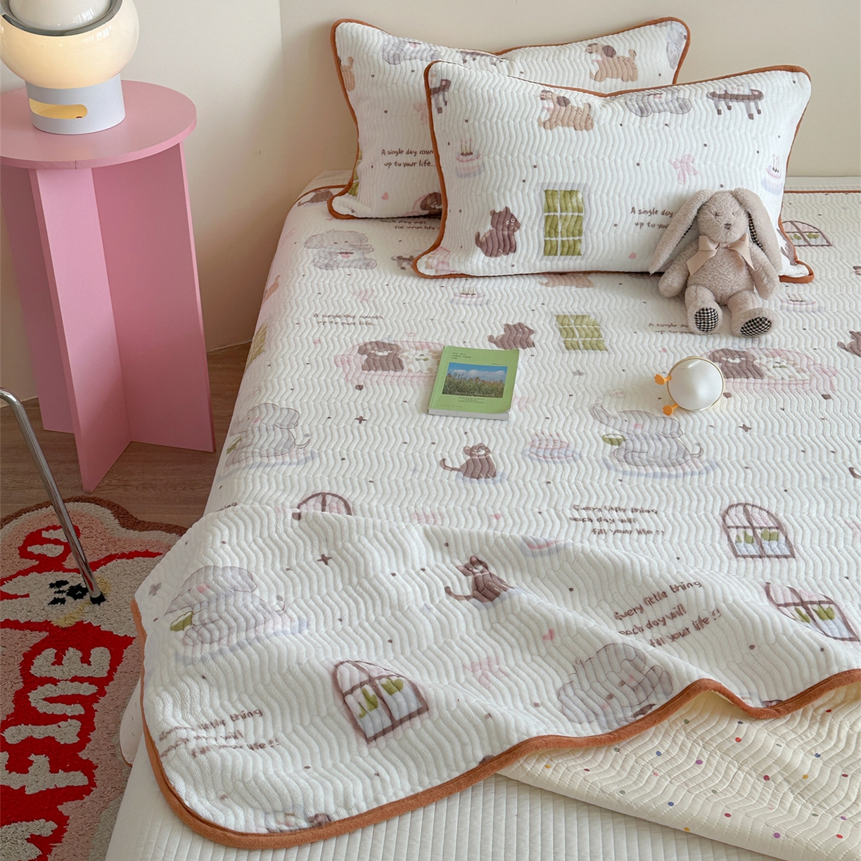 91家纺网 家纺一手货源 找家纺 暖生活 2025新款高克重牛奶绒床盖三件套 小象喝茶