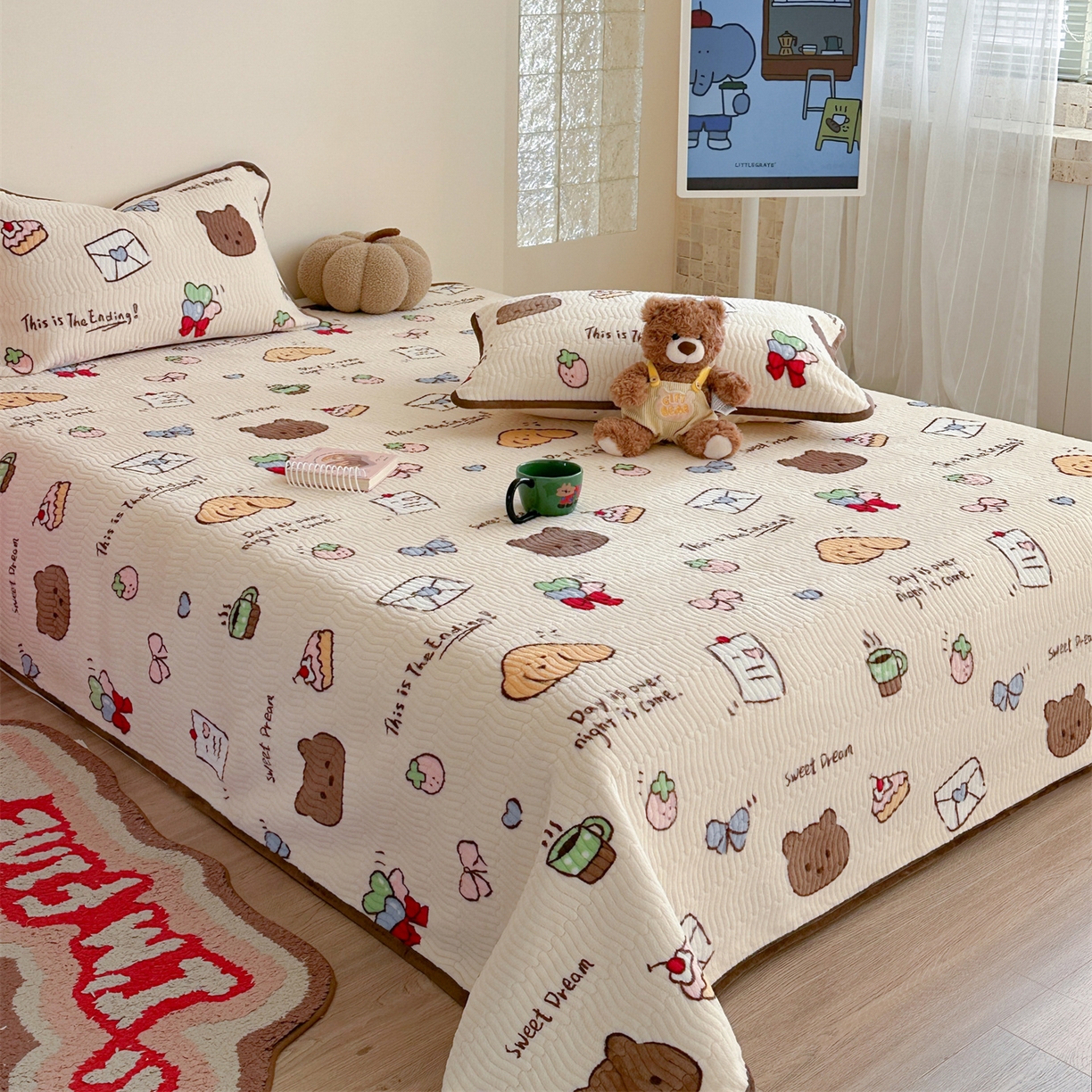 91家纺网 家纺一手货源 找家纺 暖生活 2025新款高克重牛奶绒床盖三件套 信封小熊