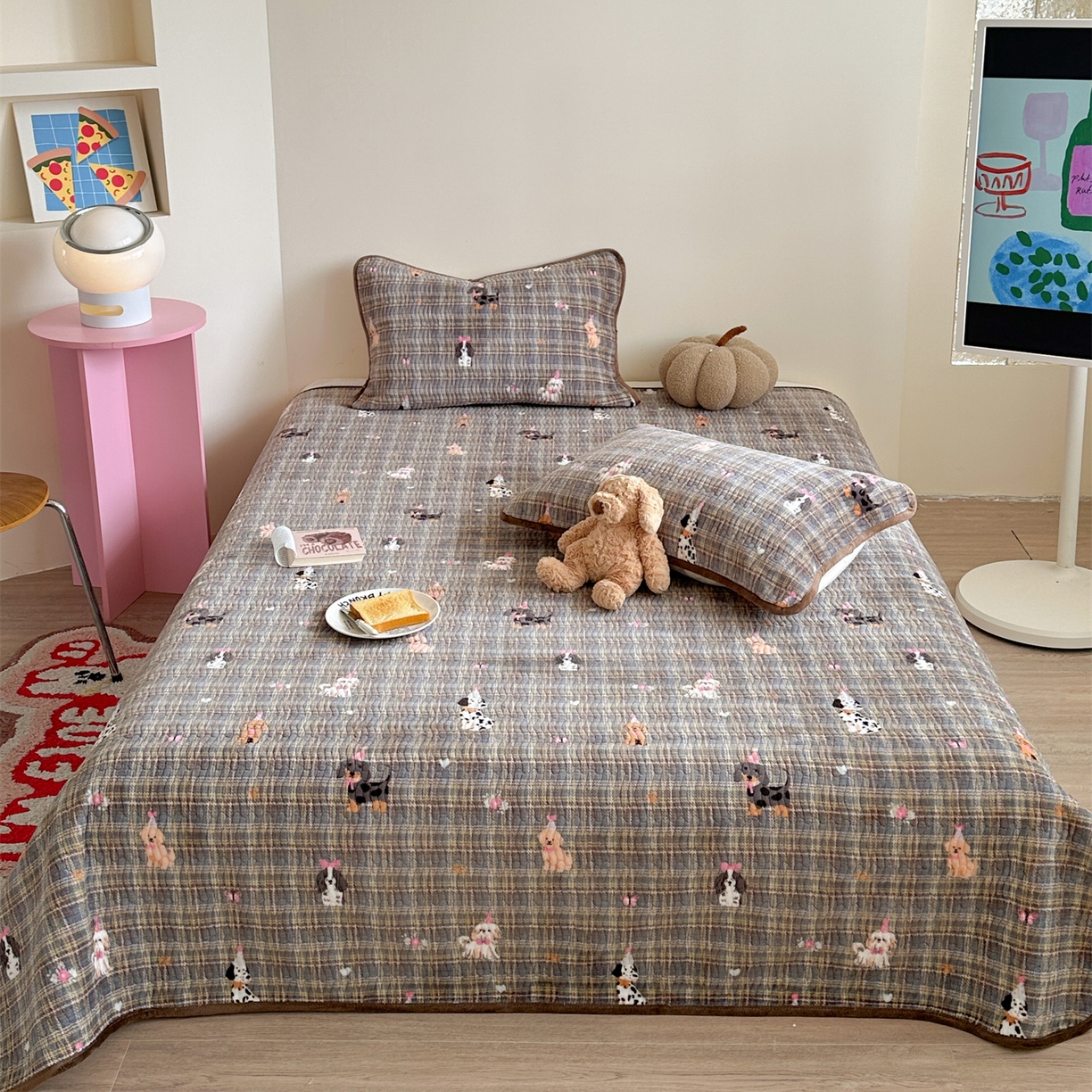 暖生活 2025新款高克重牛奶绒床盖三件套 英伦小狗