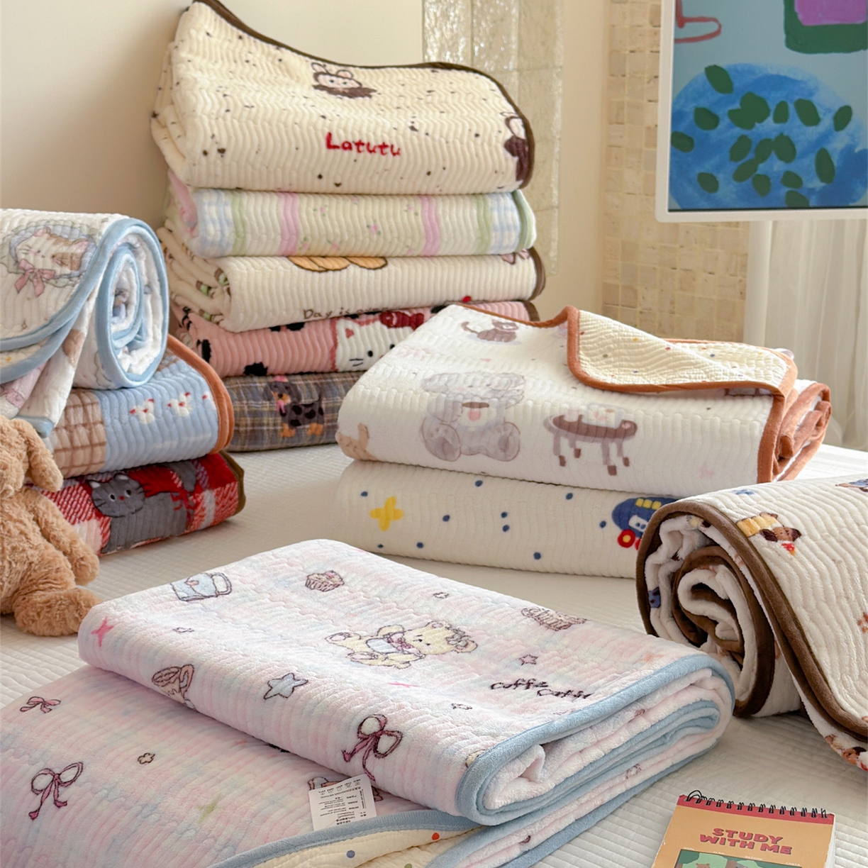 91家纺网 家纺一手货源 找家纺 暖生活 2025新款高克重牛奶绒床盖三件套 组合