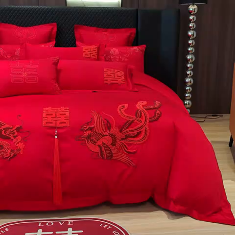 91家纺网 家纺一手货源 找家纺 芊囍纺 2024新款亲肤磨毛婚庆刺绣四件套龙凤传喜