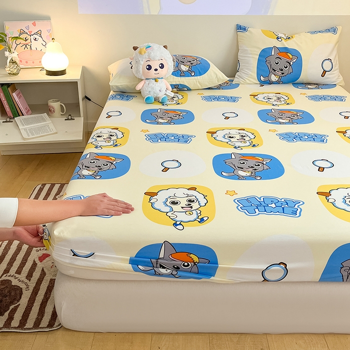 91家纺网 家纺一手货源 找家纺 金鑫汇家纺 2025新款喜羊羊与灰太狼全棉单品床笠 狼羊童话梦