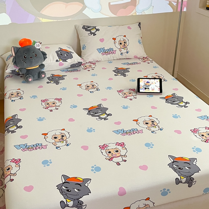 91家纺网 家纺一手货源 找家纺 金鑫汇家纺 2025新款喜羊羊与灰太狼全棉单品床笠 狼羊共舞