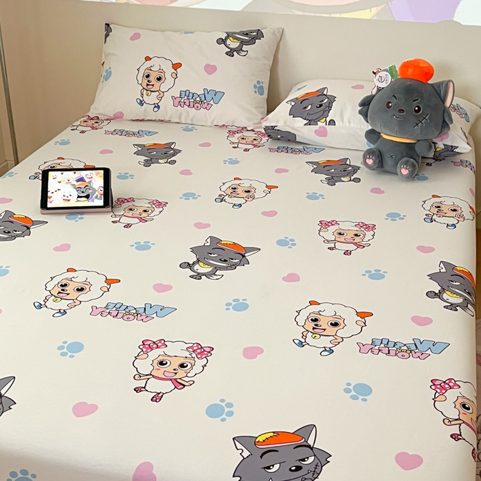 91家纺网 家纺一手货源 找家纺 金鑫汇家纺 2025新款喜羊羊与灰太狼全棉单品床笠 狼羊共舞