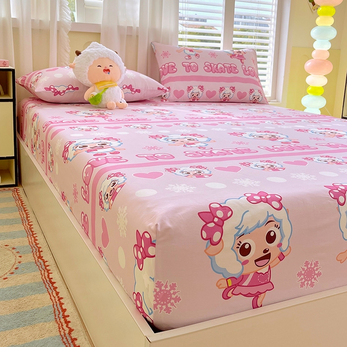 91家纺网 家纺一手货源 找家纺 金鑫汇家纺 2025新款喜羊羊与灰太狼全棉单品床笠 滑冰美羊羊