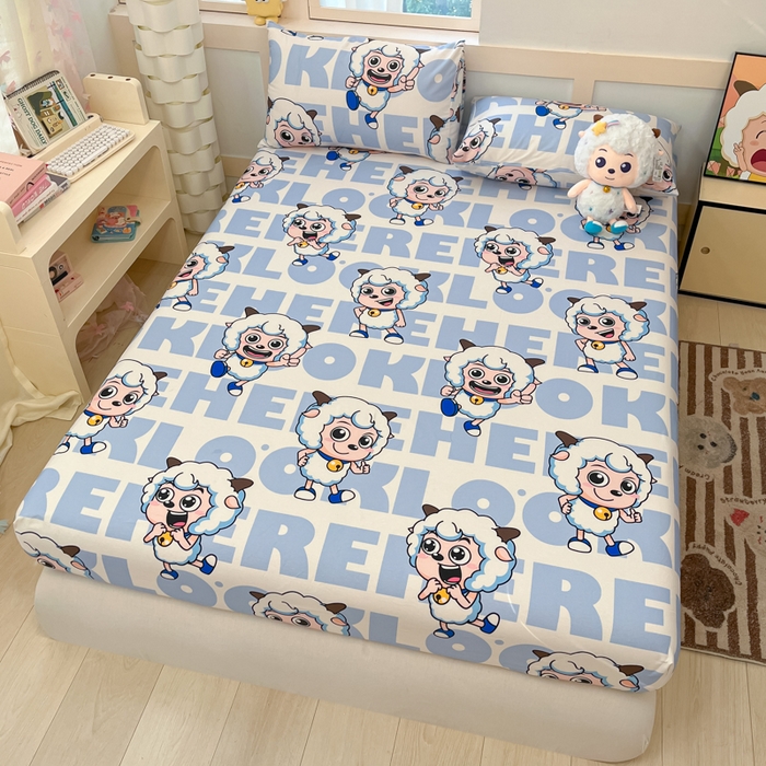 91家纺网 家纺一手货源 找家纺 金鑫汇家纺 2025新款喜羊羊与灰太狼全棉单品床笠 字母喜羊羊