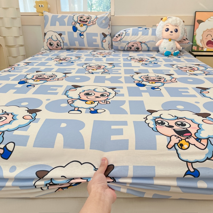 91家纺网 家纺一手货源 找家纺 金鑫汇家纺 2025新款喜羊羊与灰太狼全棉单品床笠 字母喜羊羊