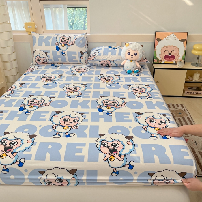 91家纺网 家纺一手货源 找家纺 金鑫汇家纺 2025新款喜羊羊与灰太狼全棉单品床笠 字母喜羊羊