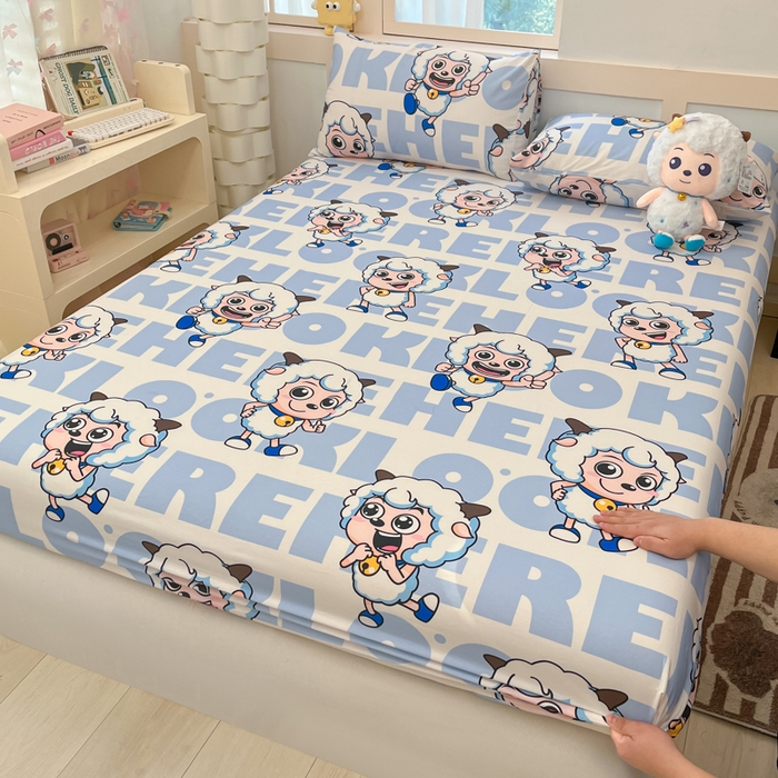 91家纺网 家纺一手货源 找家纺 金鑫汇家纺 2025新款喜羊羊与灰太狼全棉单品床笠 字母喜羊羊