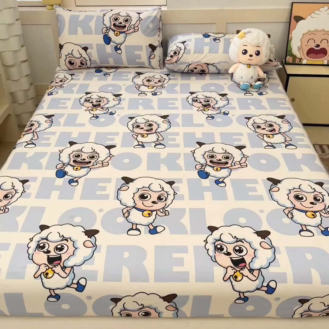 91家纺网 家纺一手货源 找家纺 金鑫汇家纺 2025新款喜羊羊与灰太狼全棉单品床笠 字母喜羊羊