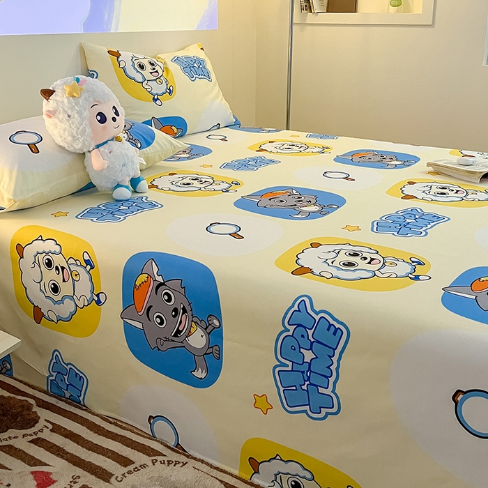 91家纺网 家纺一手货源 找家纺 金鑫汇家纺 2025新款喜羊羊与灰太狼全棉单品床单 狼羊童话梦