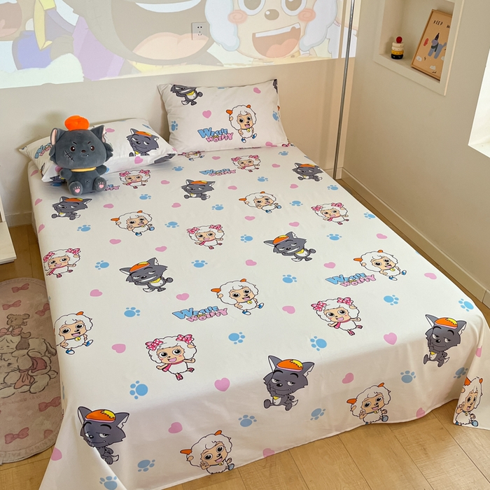 91家纺网 家纺一手货源 找家纺 金鑫汇家纺 2025新款喜羊羊与灰太狼全棉单品床单 狼羊共舞