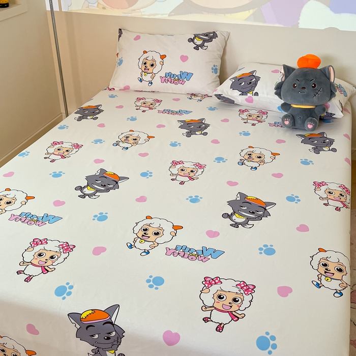 91家纺网 家纺一手货源 找家纺 金鑫汇家纺 2025新款喜羊羊与灰太狼全棉单品床单 狼羊共舞