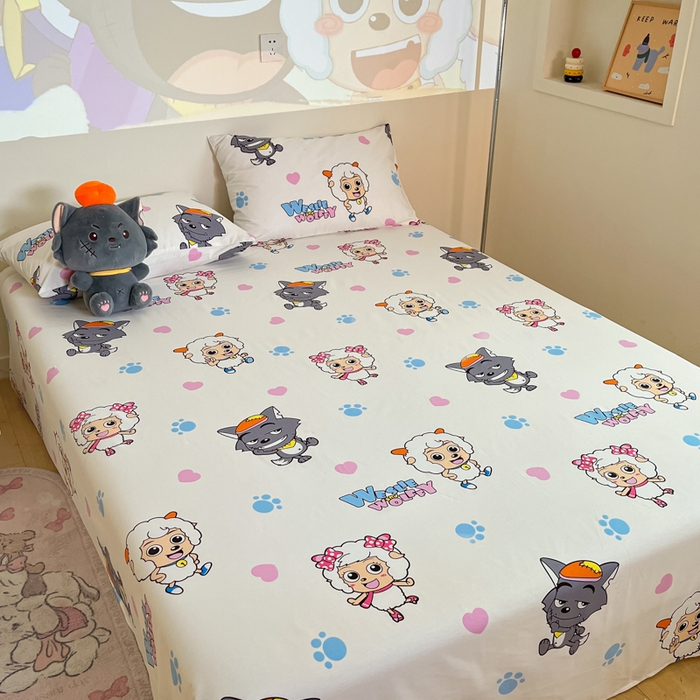 91家纺网 家纺一手货源 找家纺 金鑫汇家纺 2025新款喜羊羊与灰太狼全棉单品床单 狼羊共舞