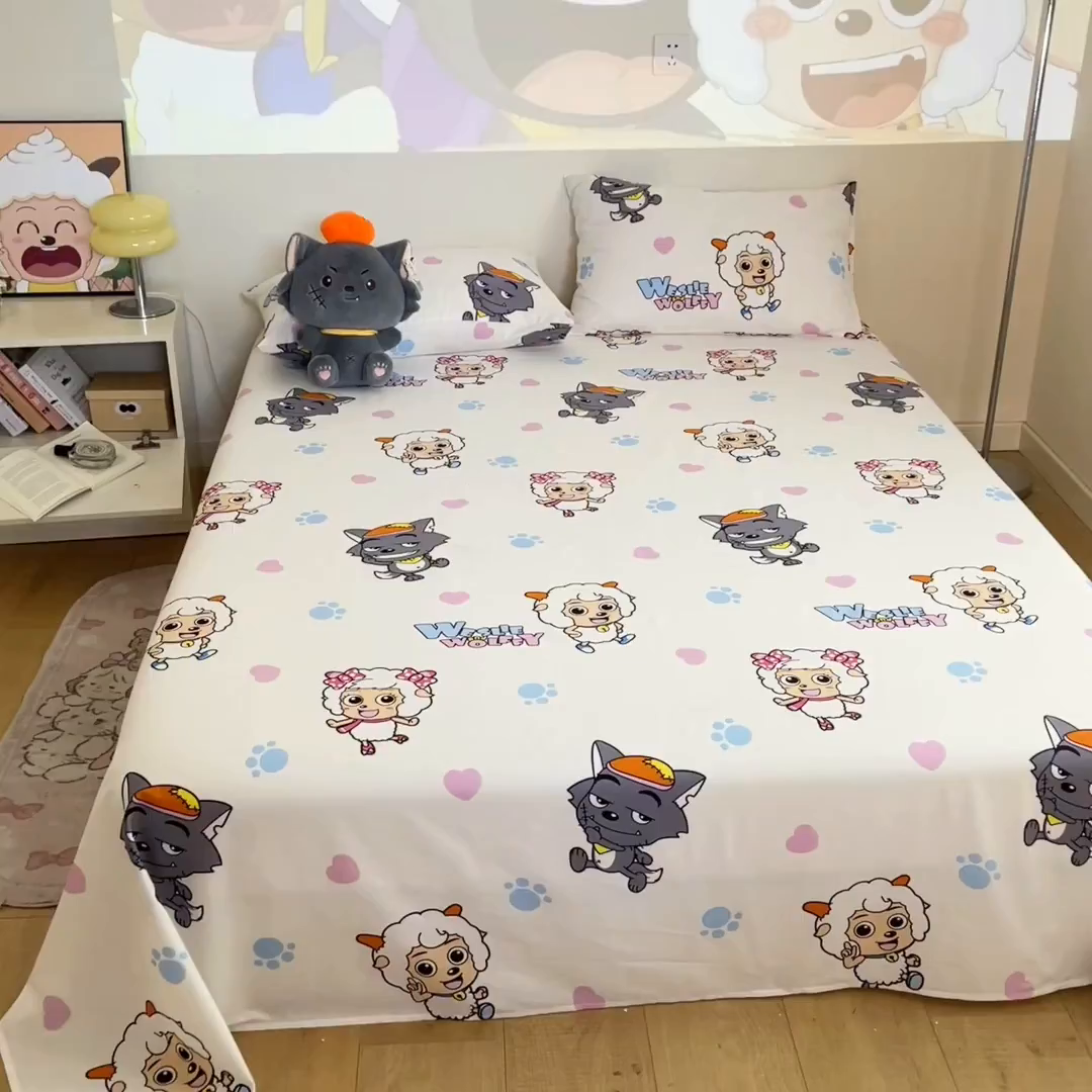 91家纺网 家纺一手货源 找家纺 金鑫汇家纺 2025新款喜羊羊与灰太狼全棉单品床单 狼羊共舞