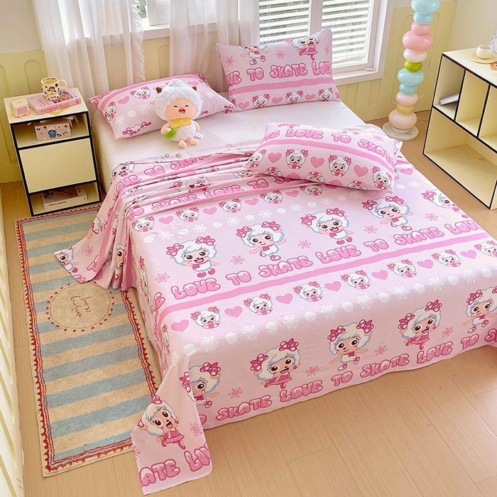 91家纺网 家纺一手货源 找家纺 金鑫汇家纺 2025新款喜羊羊与灰太狼全棉单品床单 滑冰美羊羊