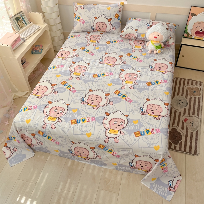 91家纺网 家纺一手货源 找家纺 金鑫汇家纺 2025新款喜羊羊与灰太狼全棉单品床单 探索懒羊羊