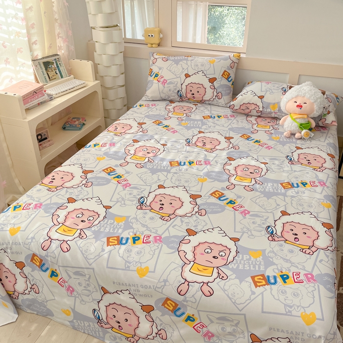 91家纺网 家纺一手货源 找家纺 金鑫汇家纺 2025新款喜羊羊与灰太狼全棉单品床单 探索懒羊羊