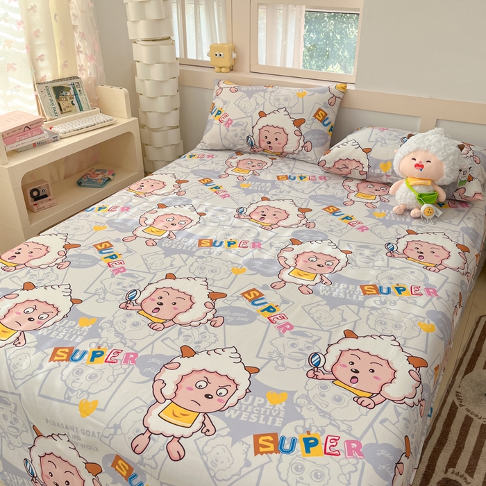 91家纺网 家纺一手货源 找家纺 金鑫汇家纺 2025新款喜羊羊与灰太狼全棉单品床单 探索懒羊羊