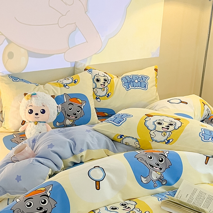 91家纺网 家纺一手货源 找家纺 金鑫汇家纺 2025新款喜羊羊与灰太狼全棉单品枕套 狼羊童话梦