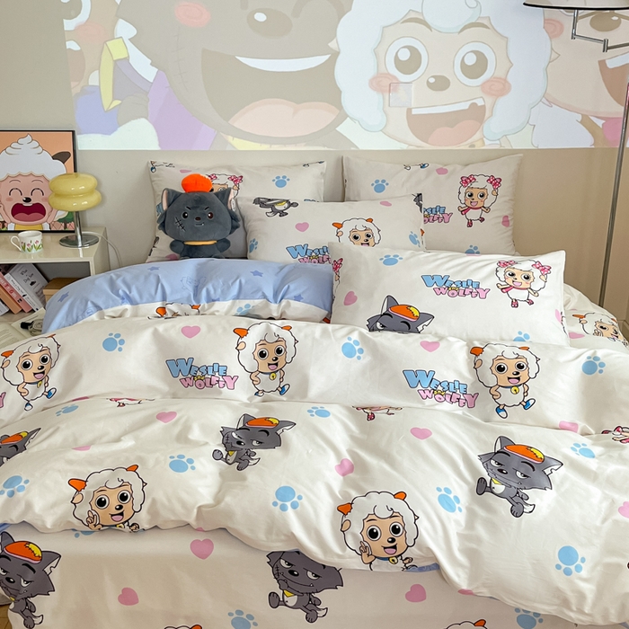 91家纺网 家纺一手货源 找家纺 金鑫汇家纺 2025新款喜羊羊与灰太狼全棉单品枕套 狼羊共舞