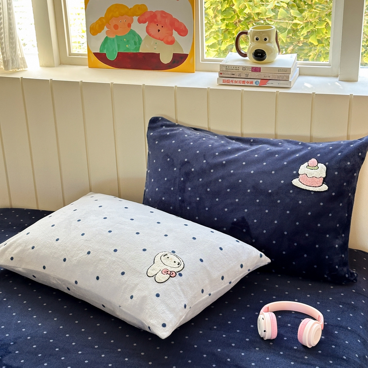 91家纺网 家纺一手货源 找家纺 乐童家纺 2025新款小清新牛奶绒毛巾绣四件套-第三波波点米菲兔