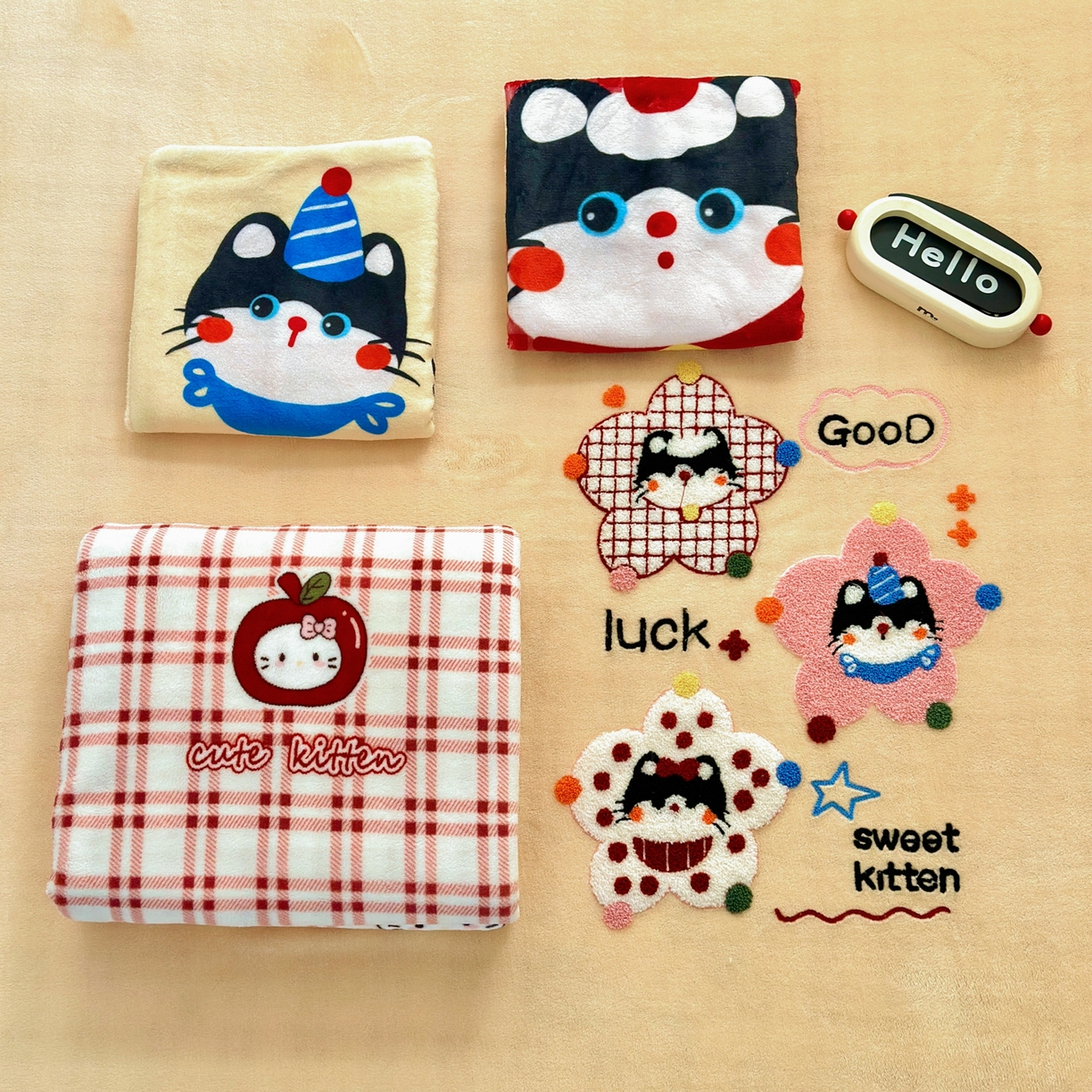 91家纺网 家纺一手货源 找家纺 一霖家纺 2025新款小清新牛奶绒毛巾绣四件套-第三波彩色小猫