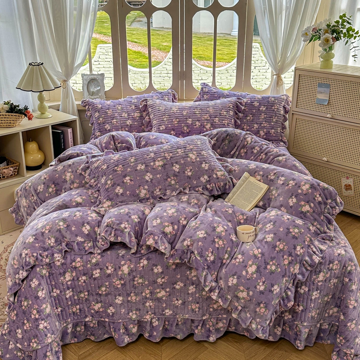 美梦家纺 2025新款牛奶绒花边夹棉床盖四件套 豆蔻