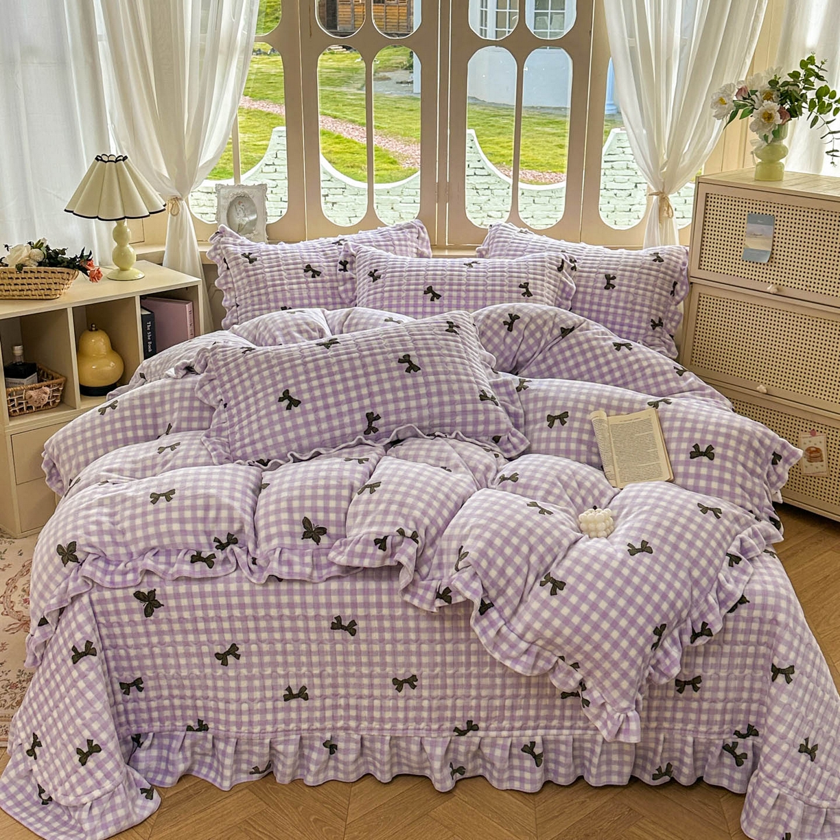 美梦家纺 2025新款牛奶绒花边夹棉床盖四件套 蝴蝶结-紫