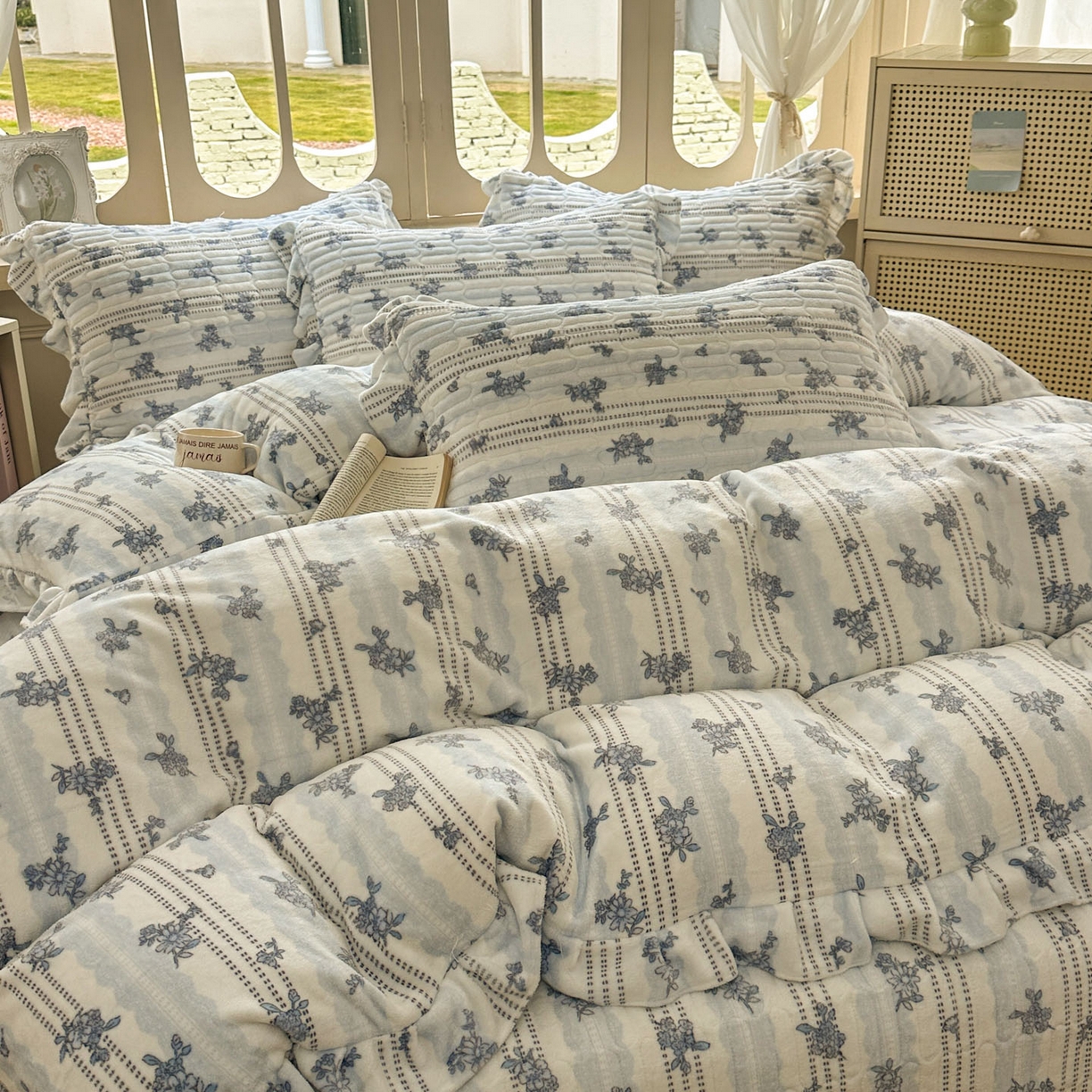 91家纺网 家纺一手货源 找家纺 美梦家纺 2025新款牛奶绒花边夹棉床盖四件套 蕾丝花-蓝