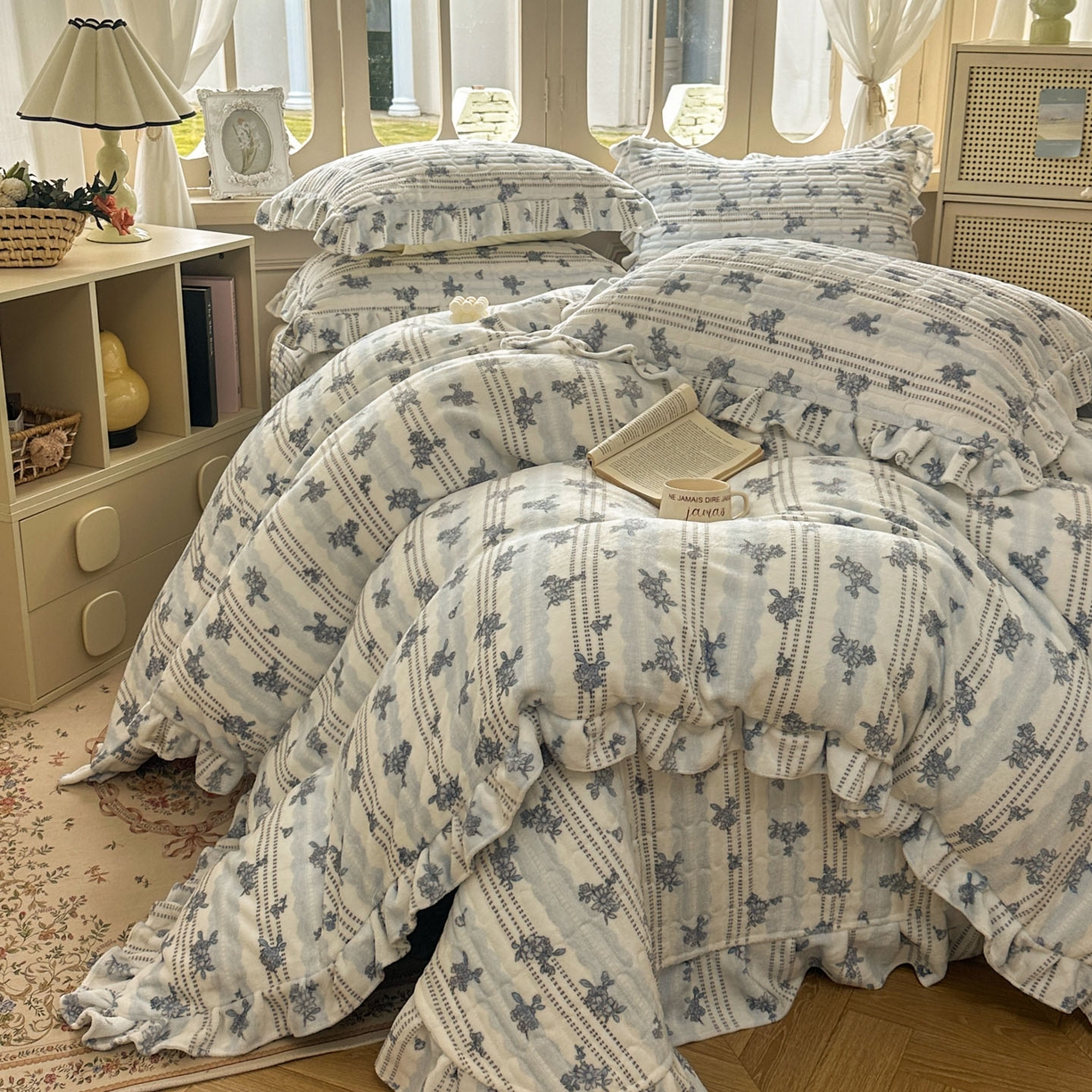 91家纺网 家纺一手货源 找家纺 美梦家纺 2025新款牛奶绒花边夹棉床盖四件套 蕾丝花-蓝